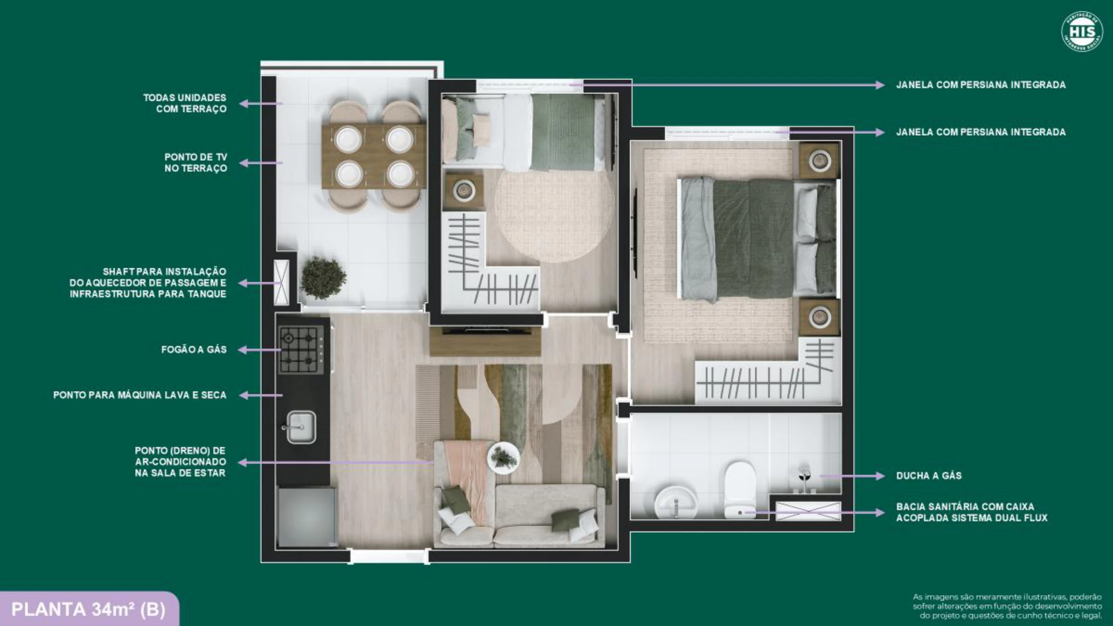 Planta 34 m² (B) — 2 dormitórios